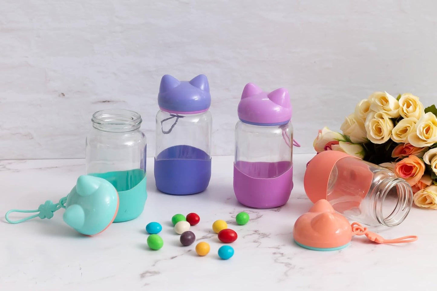 RAYCRAFT WORLD Glass Water Bottle with Cat Ear Lid, Pastel Color, Silicone Protective Sleeve