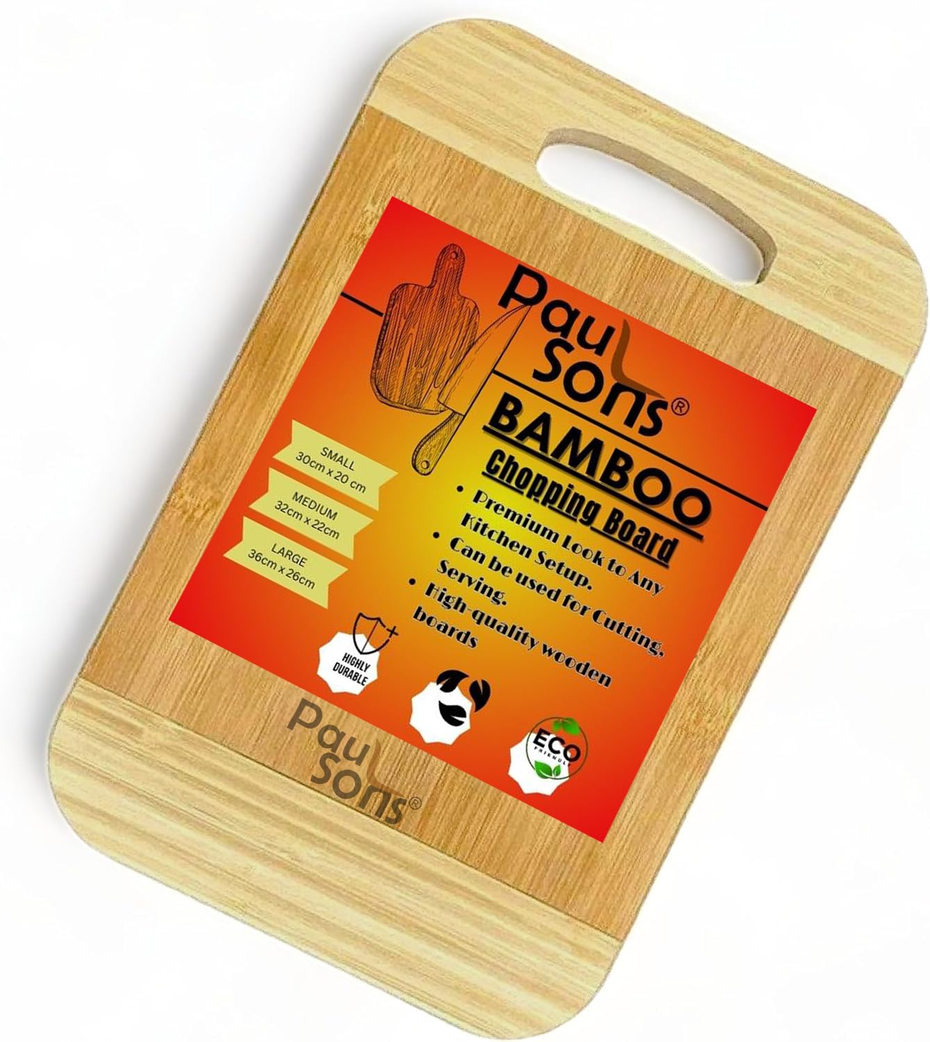 RAYCRAFT WORLD Eco-Friendly Bamboo Cutting Board, Durable Stainless Steel Handle for Convenient Hanging, It's Perfect for Everyday Kitchen (WOODENHAND-CHOPPING-36x26)