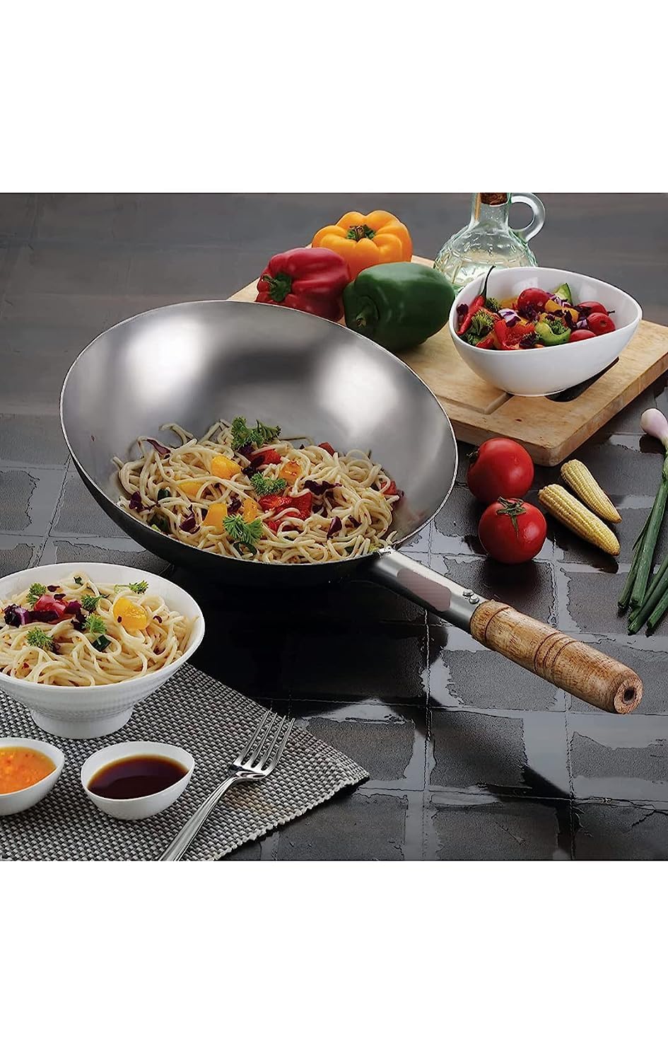 RAYCRAFT WORLD Wok Pan, Woks & Black Carbon Steel Stir Fry Pans, Gas, Cooktop, No Chemical Coated, Round Bottom Chinese Wok