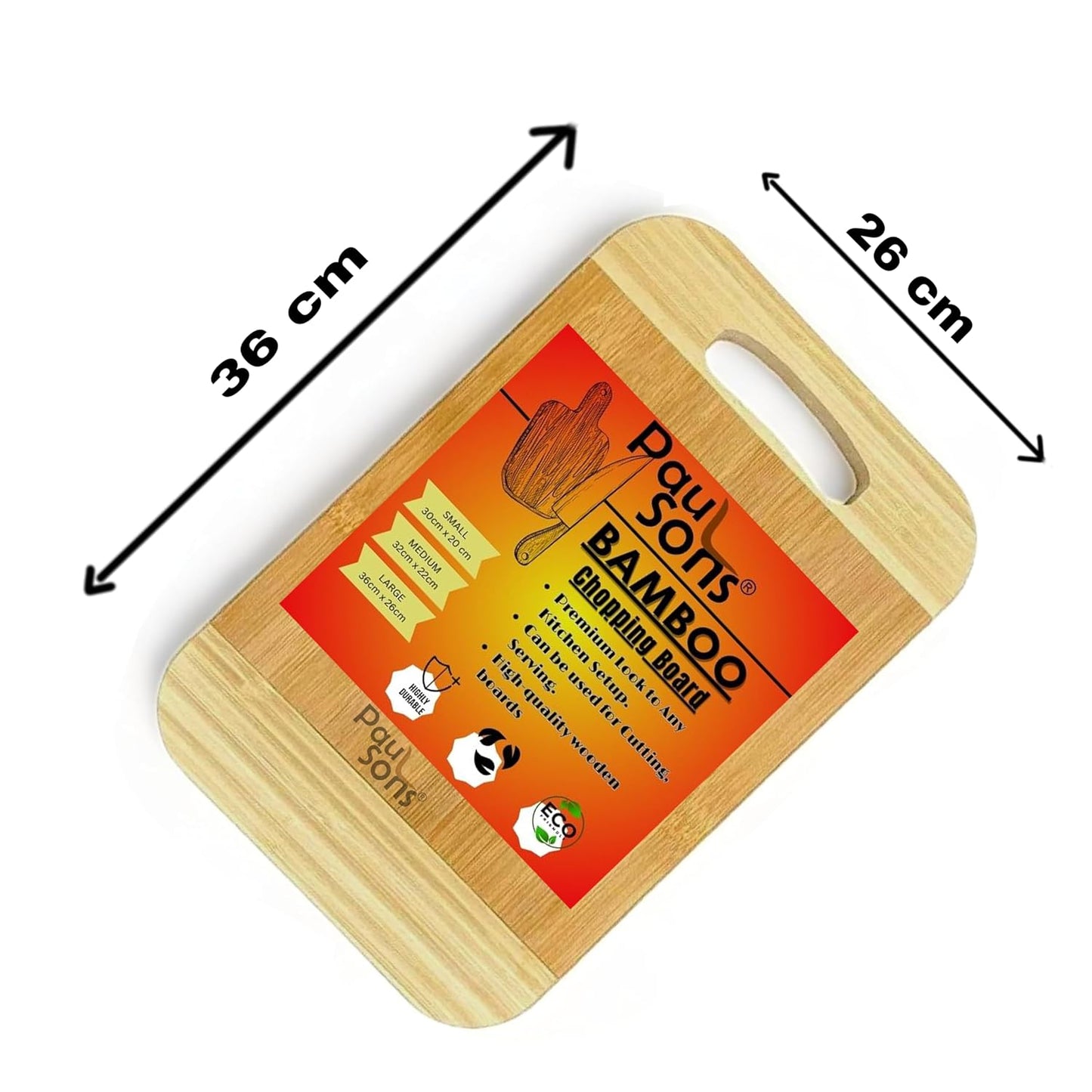 RAYCRAFT WORLD Eco-Friendly Bamboo Cutting Board, Durable Stainless Steel Handle for Convenient Hanging, It's Perfect for Everyday Kitchen (WOODENHAND-CHOPPING-36x26)