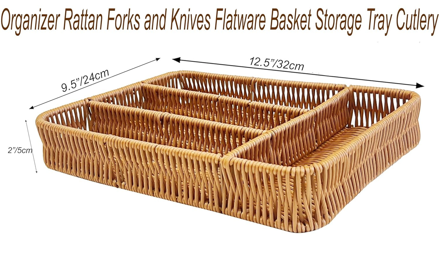 RAYCRAFT WORLD Organizer Rattan Partition Basket For Forks and Knives Flatware Basket Storage Tray Cutlery Size: 12.5"L x 9.5"B x 2"H