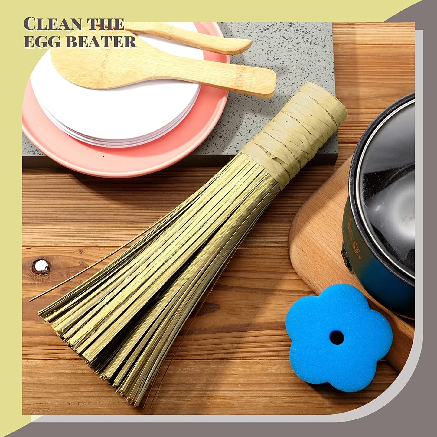 RAYCRAFT WORLD Wok Cleaning Brush/Whisk Bamboo Scrub Brush Kitchen Cleaning Pot Scrubber Dish Pan Brush for Cooking Skillet Grill Utensils Scrubbing Cleaning