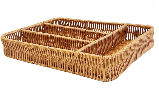 RAYCRAFT WORLD Organizer Rattan Partition Basket For Forks and Knives Flatware Basket Storage Tray Cutlery Size: 12.5"L x 9.5"B x 2"H