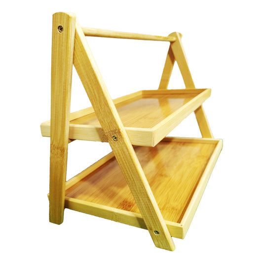 RAYCRAFT WORLD 2-Tier Bamboo Display Stand, A-Frame Serving Tray, Decorative Storage Shelf, Natural Wood, Attractive Decorative Tray for Wedding/Shaadi Gift Hampers, Engagement, Saree Clothes Packing, Dry Fruit, Birthday, Festival Return Gifts, Shagun