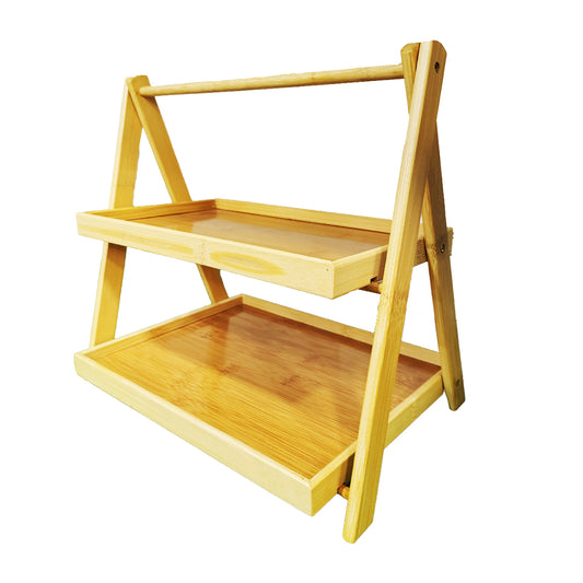 RAYCRAFT WORLD 2-Tier Bamboo Display Stand, A-Frame Serving Tray, Decorative Storage Shelf, Natural Wood, Attractive Decorative Tray for Wedding/Shaadi Gift Hampers, Engagement, Saree Clothes Packing, Dry Fruit, Birthday, Festival Return Gifts, Shagun