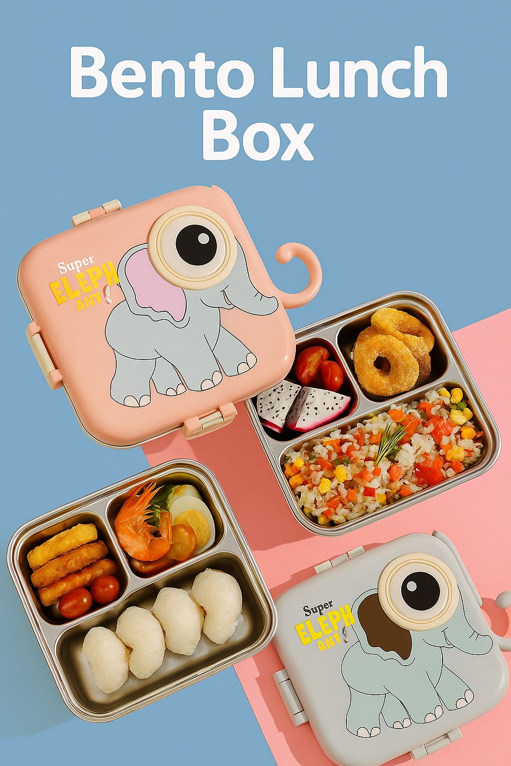 RAYCRAFT WORLD Stainless Steel Kids Lunch Box with Cartoon Design, Multi Compartment Eye Design Stainless Steel Lunch Box with Spoon Cup for Students School Kids and Adults