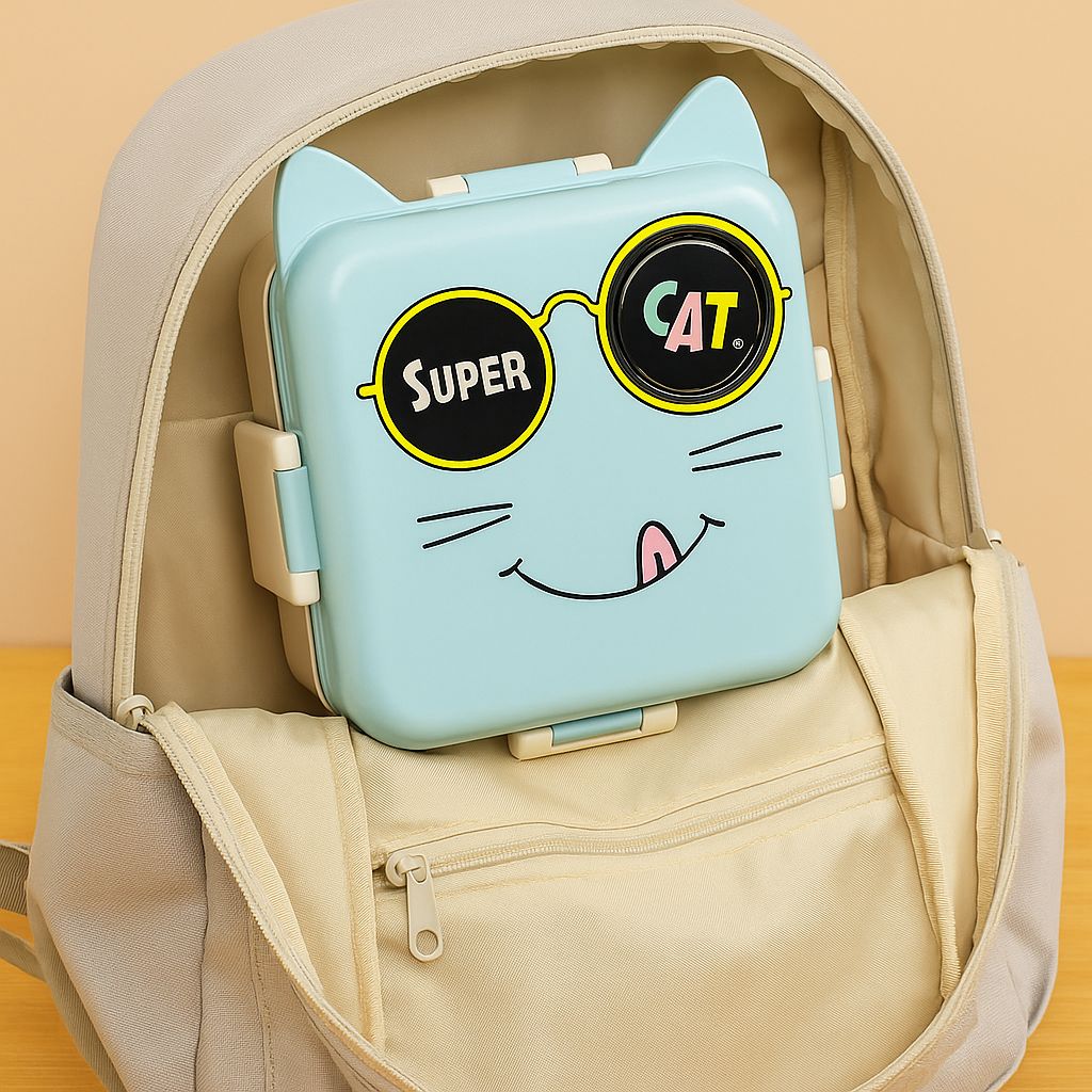 RAYCRAFT WORLD Stainless Steel Kids Lunch Box with Cartoon Design, Multi Compartment Eye Design Stainless Steel Lunch Box with Spoon Cup for Students School Kids and Adults