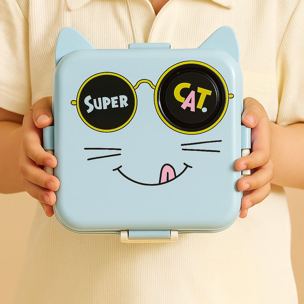 RAYCRAFT WORLD Stainless Steel Kids Lunch Box with Cartoon Design, Multi Compartment Eye Design Stainless Steel Lunch Box with Spoon Cup for Students School Kids and Adults