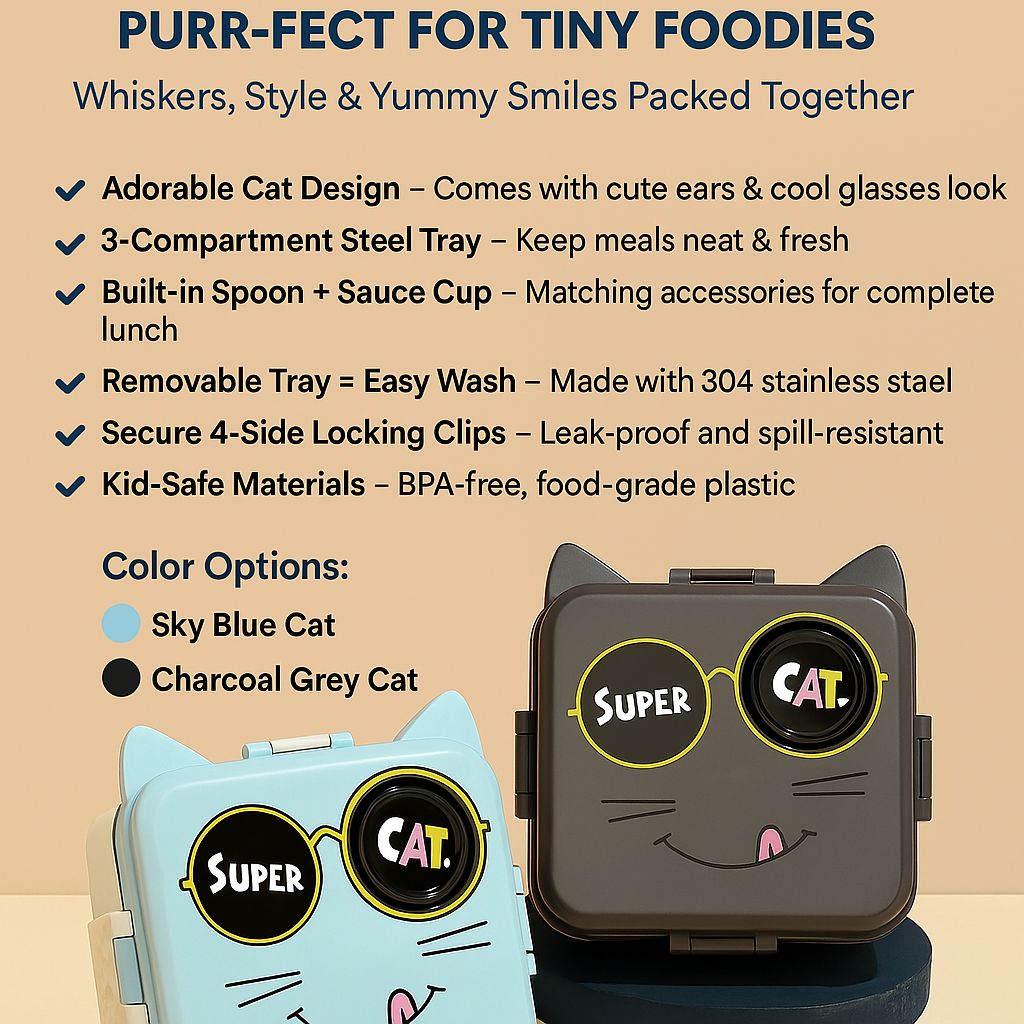 RAYCRAFT WORLD Stainless Steel Kids Lunch Box with Cartoon Design, Multi Compartment Eye Design Stainless Steel Lunch Box with Spoon Cup for Students School Kids and Adults