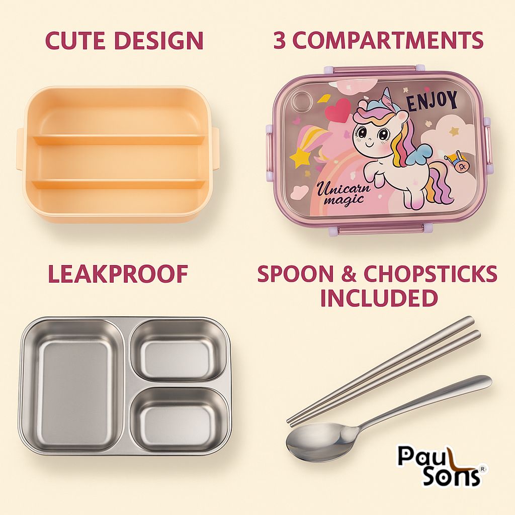 RAYCRAFT WORLD Peach Color Unicone Print 3 pc 3 Partitions 750ml Kids Lunch Box with Design, Leakproof Bento Box, Spoon, Chopsticks & Container with Lid