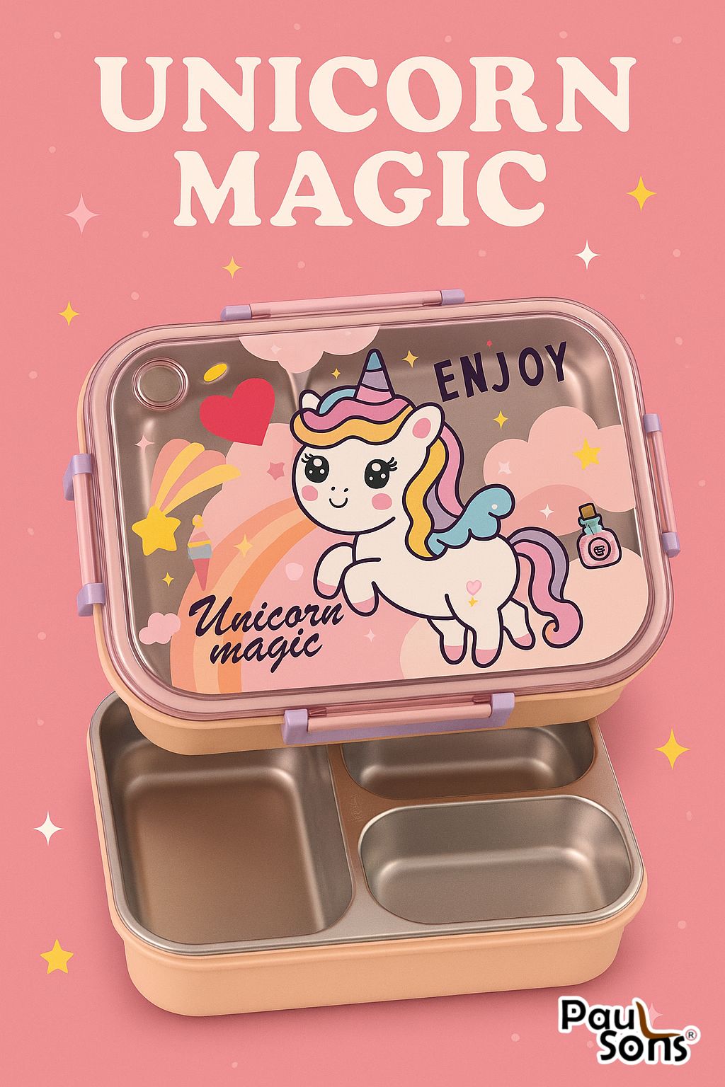 RAYCRAFT WORLD Peach Color Unicone Print 3 pc 3 Partitions 750ml Kids Lunch Box with Design, Leakproof Bento Box, Spoon, Chopsticks & Container with Lid