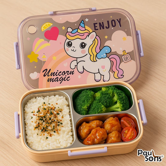 RAYCRAFT WORLD Peach Color Unicone Print 3 pc 3 Partitions 750ml Kids Lunch Box with Design, Leakproof Bento Box, Spoon, Chopsticks & Container with Lid