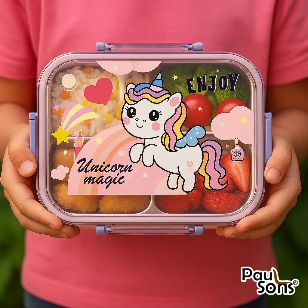 RAYCRAFT WORLD Peach Color Unicone Print 3 pc 3 Partitions 750ml Kids Lunch Box with Design, Leakproof Bento Box, Spoon, Chopsticks & Container with Lid