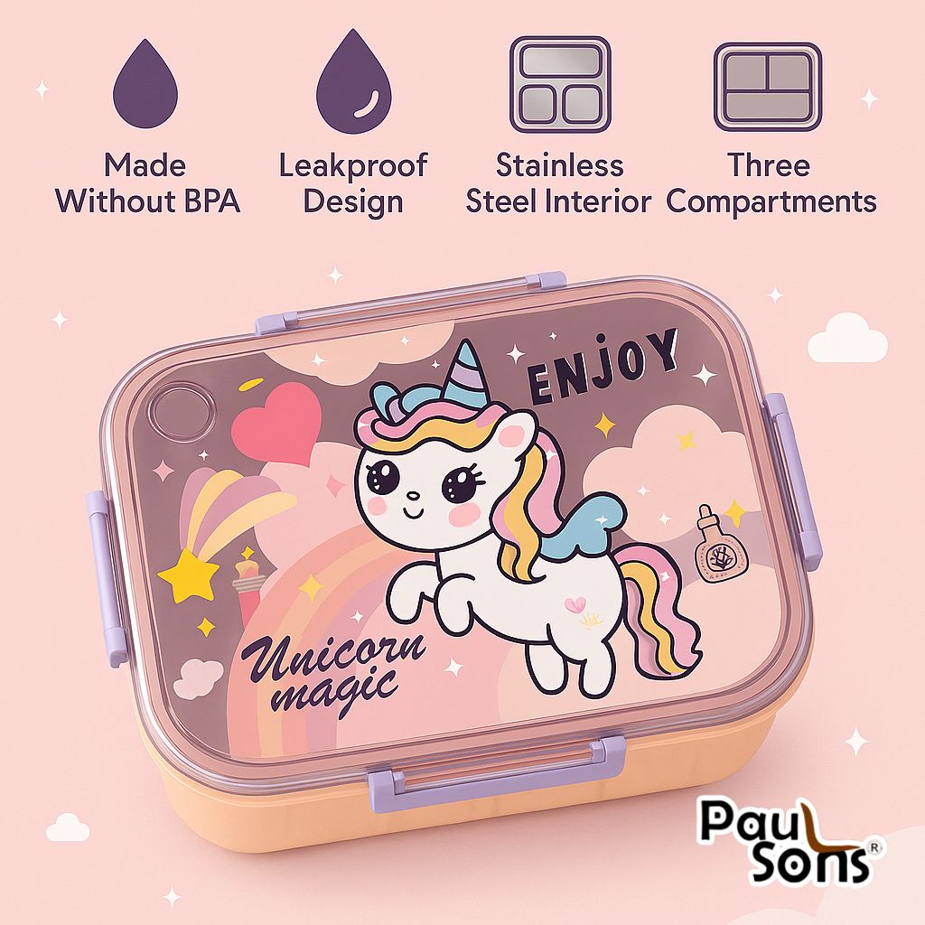 RAYCRAFT WORLD Peach Color Unicone Print 3 pc 3 Partitions 750ml Kids Lunch Box with Design, Leakproof Bento Box, Spoon, Chopsticks & Container with Lid