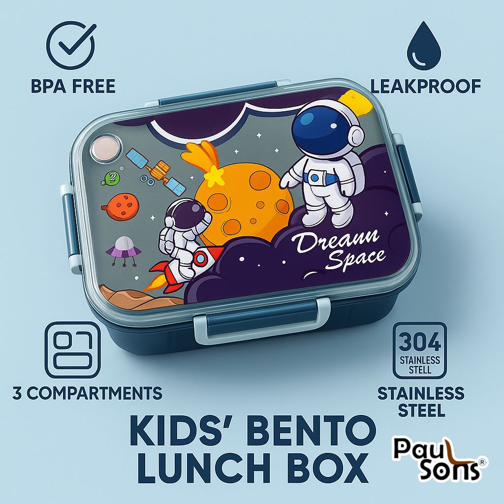 RAYCRAFT WORLD Blue Color Space Print 3 pc 3 Partitions 750ml Kids Lunch Box with Design, Leakproof Bento Box, Spoon, Chopsticks & Container with Lid