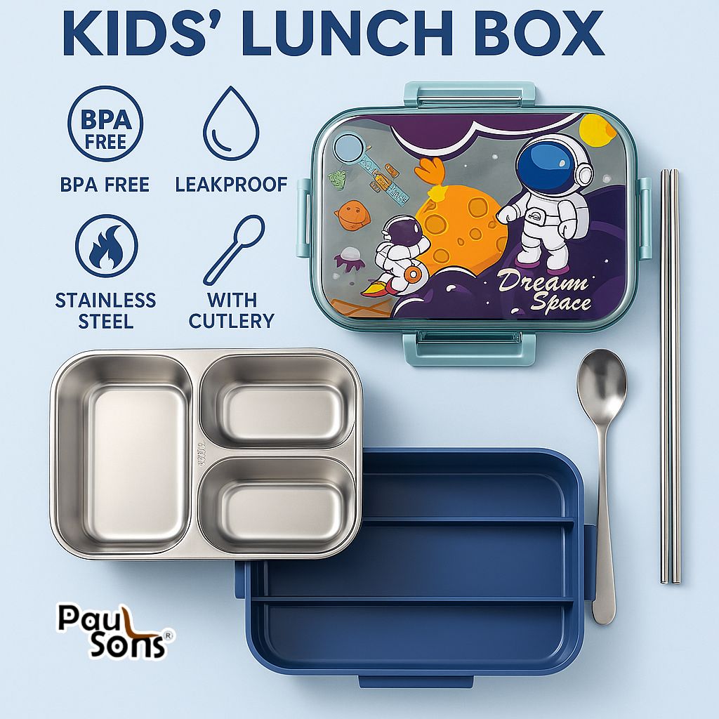 RAYCRAFT WORLD Blue Color Space Print 3 pc 3 Partitions 750ml Kids Lunch Box with Design, Leakproof Bento Box, Spoon, Chopsticks & Container with Lid