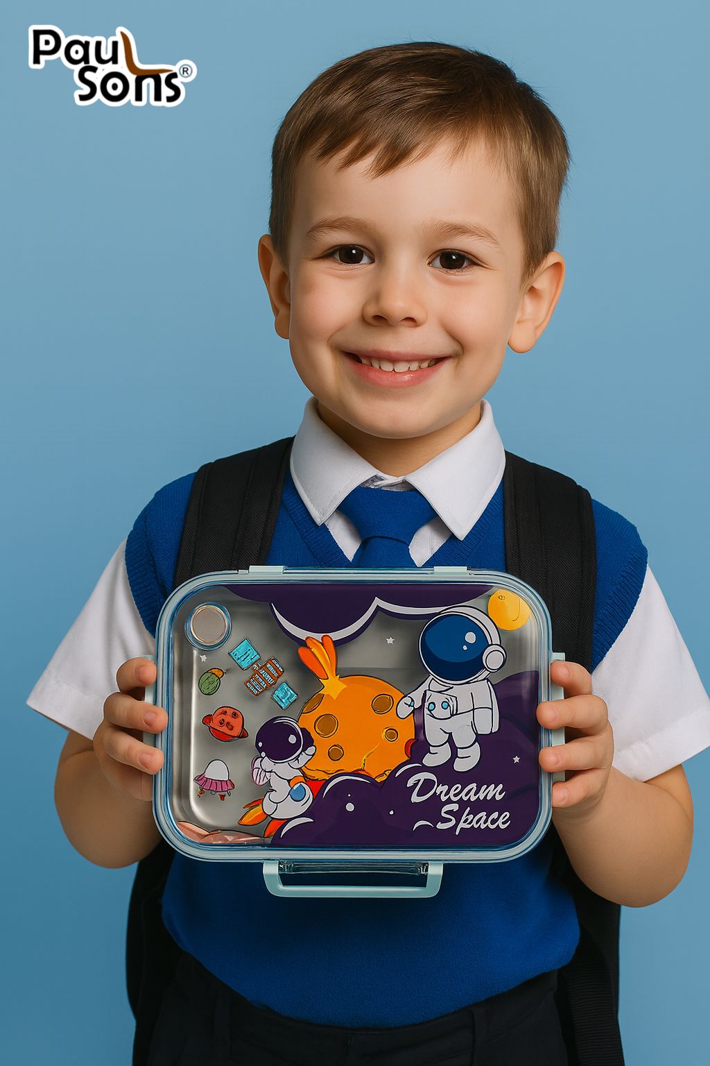 RAYCRAFT WORLD Blue Color Space Print 3 pc 3 Partitions 750ml Kids Lunch Box with Design, Leakproof Bento Box, Spoon, Chopsticks & Container with Lid