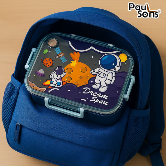 RAYCRAFT WORLD Blue Color Space Print 3 pc 3 Partitions 750ml Kids Lunch Box with Design, Leakproof Bento Box, Spoon, Chopsticks & Container with Lid