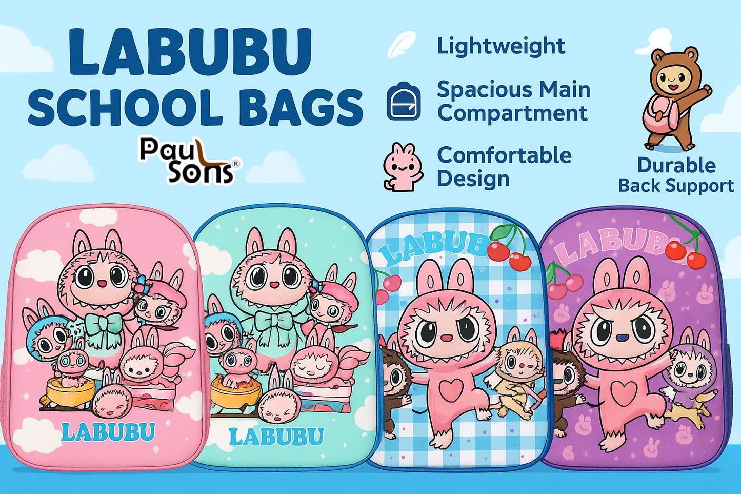 RAYCRAFT WORLD Small 3D Print Lightweight Labubu Design Kids Backpack (MULTIPLE COLOR PACK OF 1)