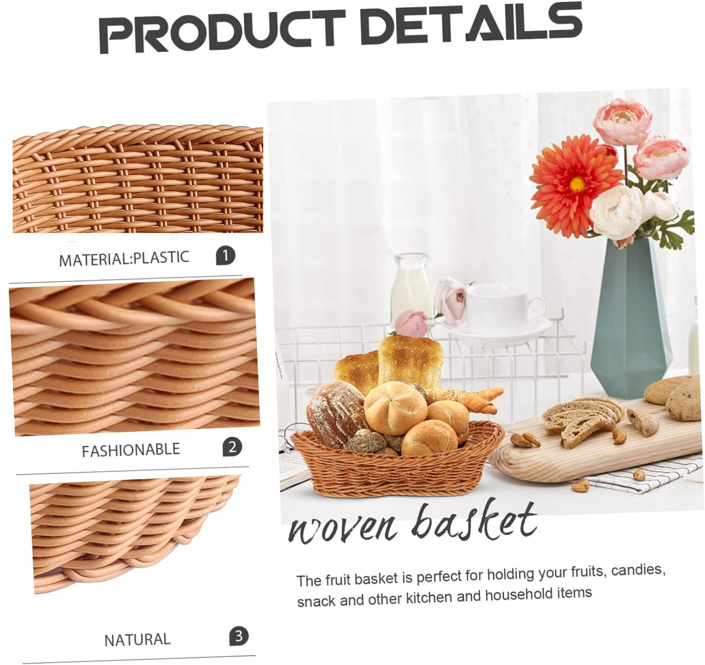 RAYCRAFT WORLD Oval Wicker Basket Rattan Woven Bread Baskets Poly Wicker Fruit Baskets, Brown 10"x 8"x 3"