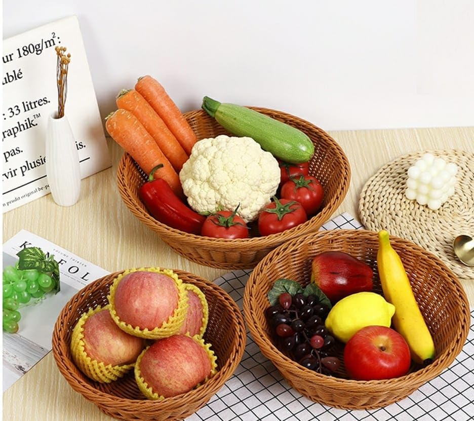 RAYCRAFT WORLD Round Woven Plastic Cane Basket for Fruit Vegetable Serving Basket Snack Basket Egg Storage Basket/Bread Basket Dia:-10Inch