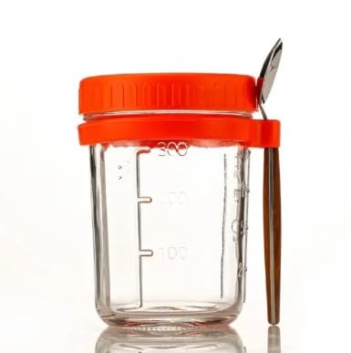 RAYCRAFT WORLD Overnight Oats Mason Jar with Spoon, Glass Container with Lid, Portable Breakfast Storage 350ML