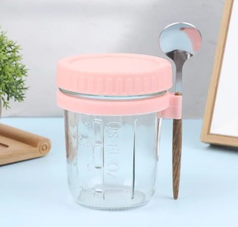 RAYCRAFT WORLD Overnight Oats Mason Jar with Spoon, Glass Container with Lid, Portable Breakfast Storage 350ML