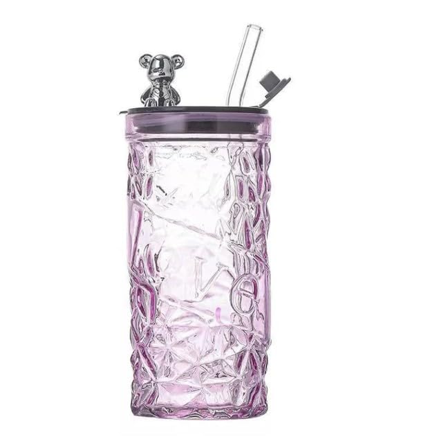 RAYCRAFT WORLD Vintage Glass Tumbler with Straw 500ml Attractive Crystal Pattern with Teddy Reusable Lid
