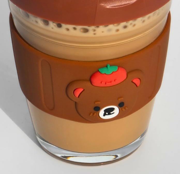 RAYCRAFT WORLD Cute Bear Glass Travel Cup with Tomato Design, Brown Silicone Sleeve, Reusable Coffee Mug with Flip Lid (400ML, Pack of 1)