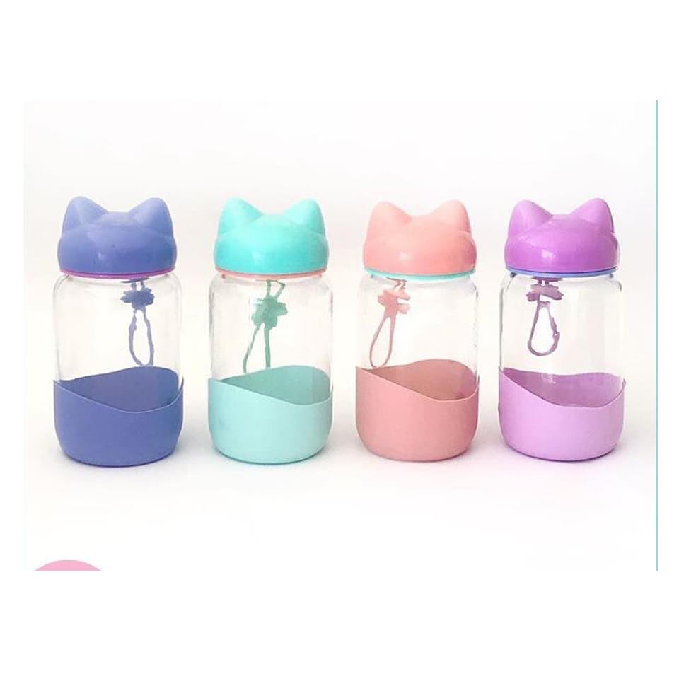 RAYCRAFT WORLD Glass Water Bottle with Cat Ear Lid, Pastel Color, Silicone Protective Sleeve