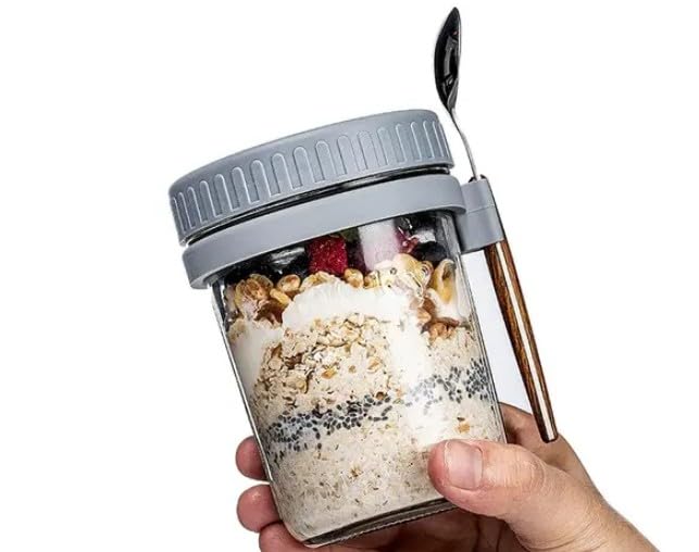 RAYCRAFT WORLD Overnight Oats Mason Jar with Spoon, Glass Container with Lid, Portable Breakfast Storage 350ML