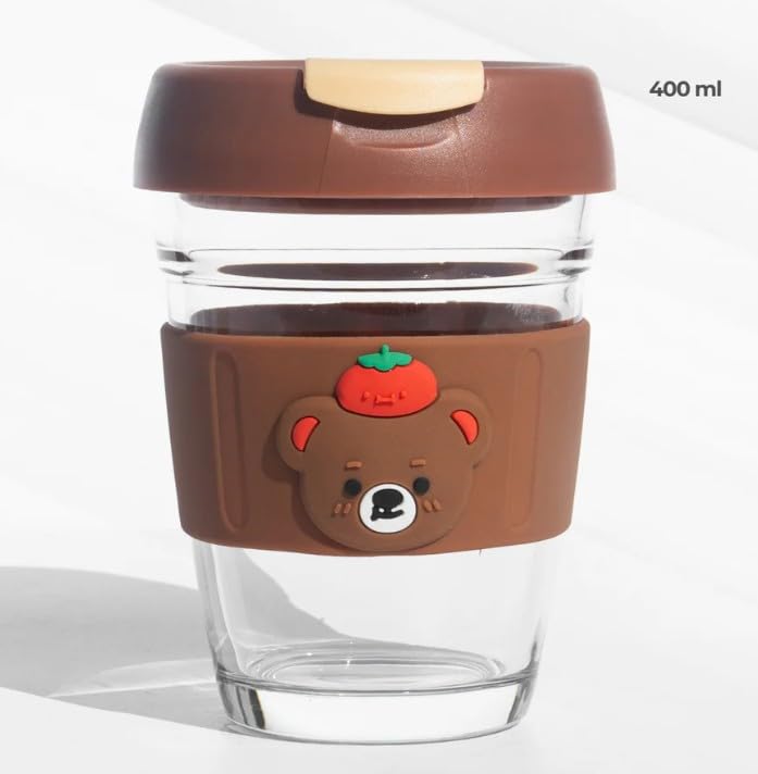 RAYCRAFT WORLD Cute Bear Glass Travel Cup with Tomato Design, Brown Silicone Sleeve, Reusable Coffee Mug with Flip Lid (400ML, Pack of 1)