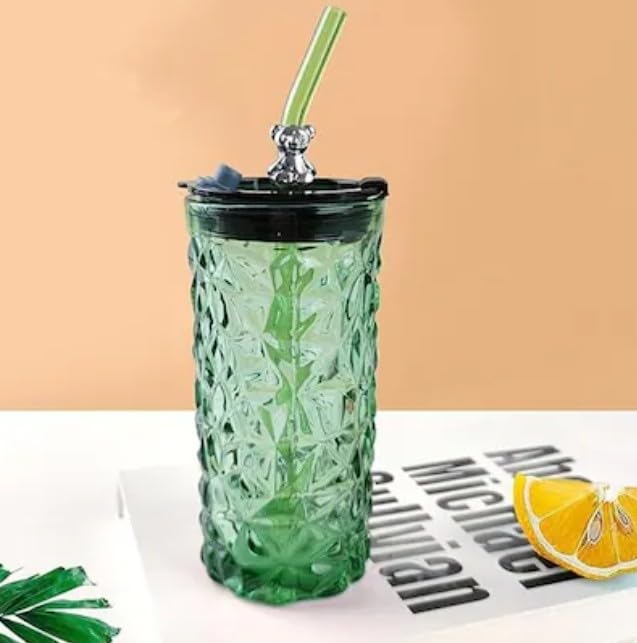 RAYCRAFT WORLD Vintage Glass Tumbler with Straw 500ml Attractive Crystal Pattern with Teddy Reusable Lid