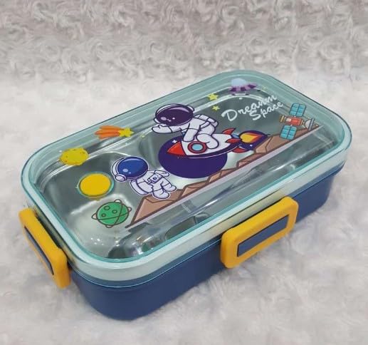 RAYCRAFT WORLD 3 pc 2 Partition 700ml Kids Lunch Box with Design, Leakproof Bento Box, Spoon & Container with Lid
