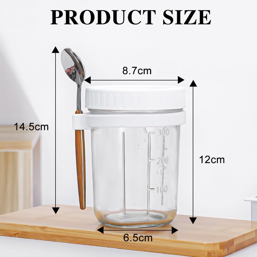 RAYCRAFT WORLD Overnight Oats Mason Jar with Spoon, Glass Container with Lid, Portable Breakfast Storage 350ML