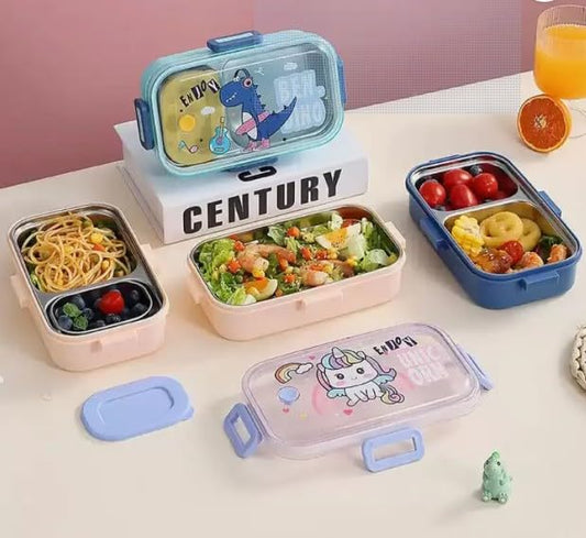 RAYCRAFT WORLD 3 pc 2 Partition 700ml Kids Lunch Box with Design, Leakproof Bento Box, Spoon & Container with Lid