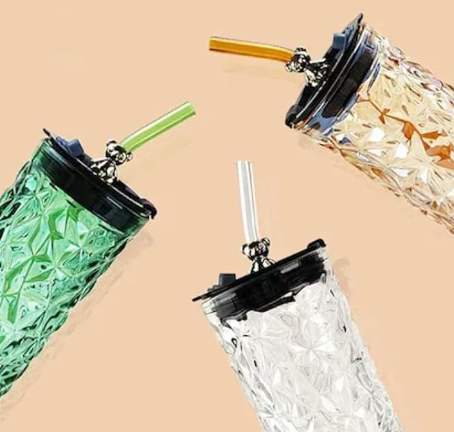 RAYCRAFT WORLD Vintage Glass Tumbler with Straw 500ml Attractive Crystal Pattern with Teddy Reusable Lid