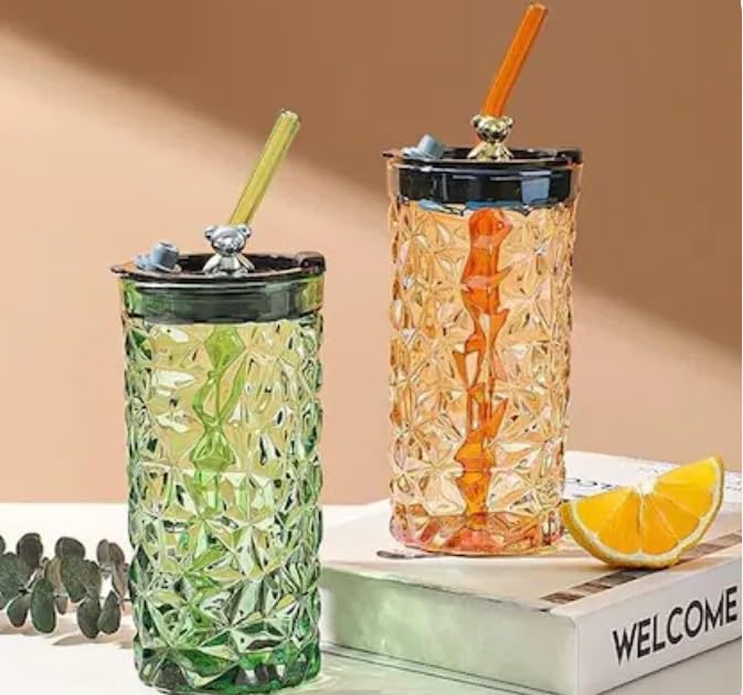 RAYCRAFT WORLD Vintage Glass Tumbler with Straw 500ml Attractive Crystal Pattern with Teddy Reusable Lid