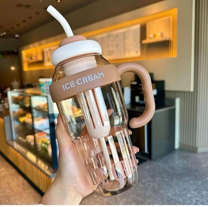 RAYCRAFT WORLD Ice Cream Heavy Quality Plastic Tumbler with Straw and Attractive Handle, Water Bottle Sipper, Juice and Smoothies, BPA Free & Leak-Proof ( Large, Ice Cream Text Sipper, Gym Tumber)