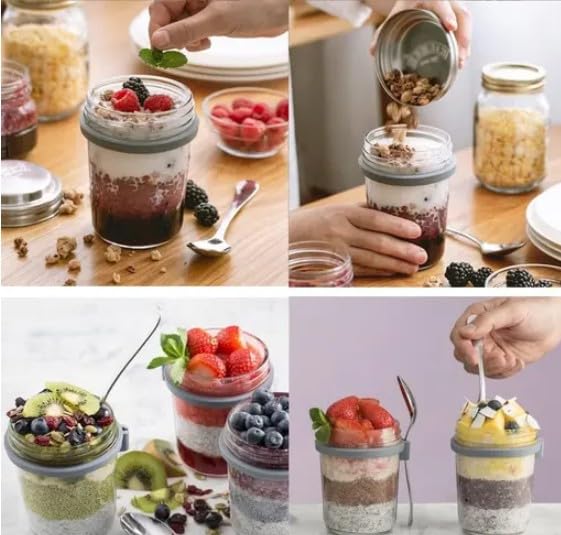 RAYCRAFT WORLD Overnight Oats Mason Jar with Spoon, Glass Container with Lid, Portable Breakfast Storage 350ML