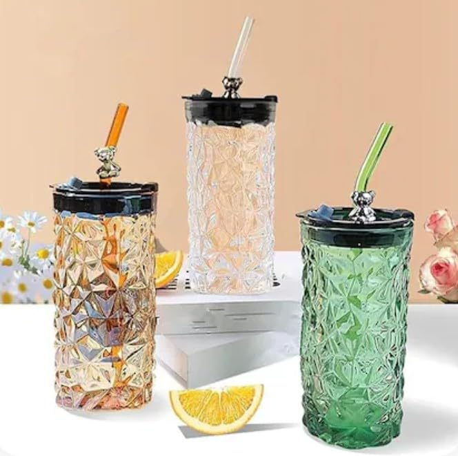 RAYCRAFT WORLD Vintage Glass Tumbler with Straw 500ml Attractive Crystal Pattern with Teddy Reusable Lid