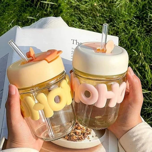 RAYCRAFT WORLD 300ML HoHo Glass Mug Shaker with Silicone Holster, Lid & Straw, Juice, and Smoothies, BPA Free & Leak-Proof