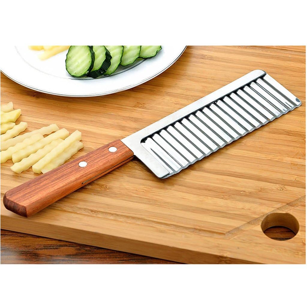RAYCRAFT WORLD Potato Chip French Fry Cutter Wave Knife Crinkle Chopper Wooden Handle Fruit Salad Designer Knife Multipurpose use in Kitchen 12"/30cm (Pack of 1Pc)