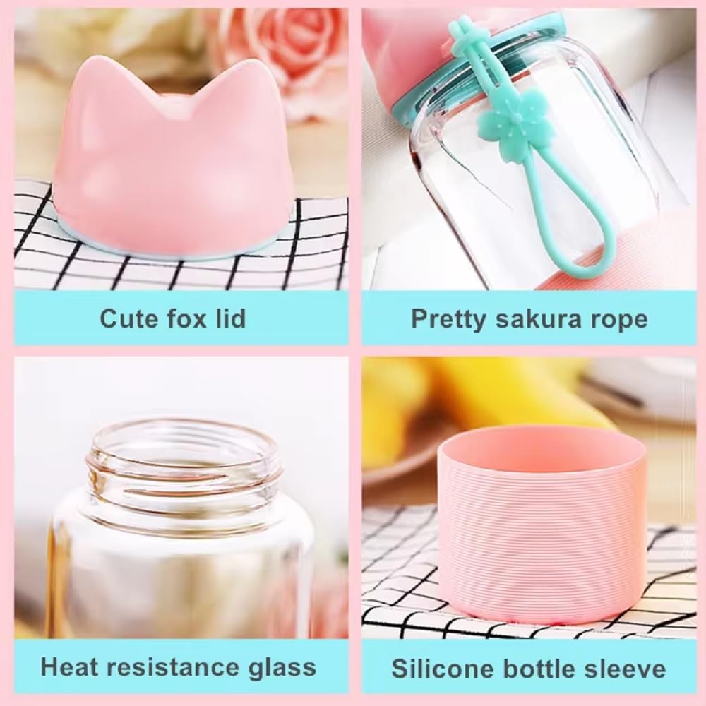 RAYCRAFT WORLD Glass Water Bottle with Cat Ear Lid, Pastel Color, Silicone Protective Sleeve