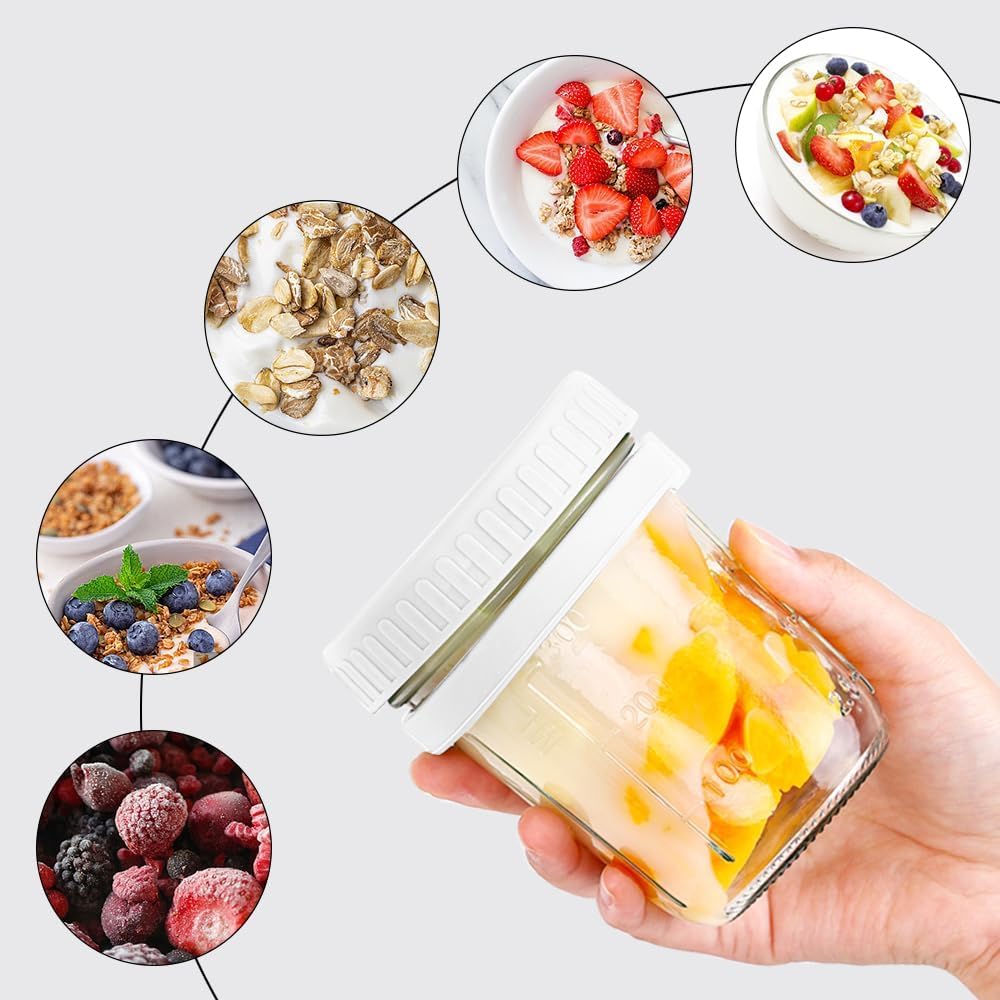 RAYCRAFT WORLD Overnight Oats Mason Jar with Spoon, Glass Container with Lid, Portable Breakfast Storage 350ML