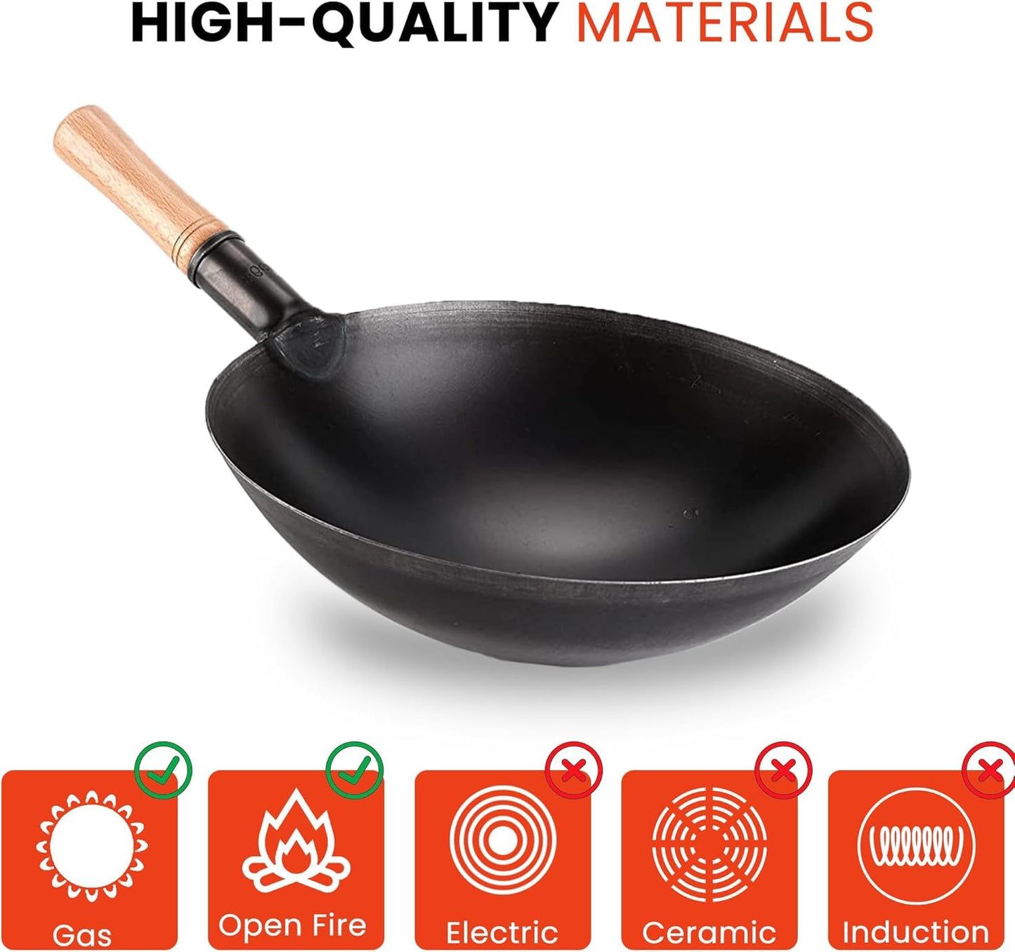RAYCRAFT WORLD Wok Pan, Woks & Black Carbon Steel Stir Fry Pans, Gas, Cooktop, No Chemical Coated, Round Bottom Chinese Wok