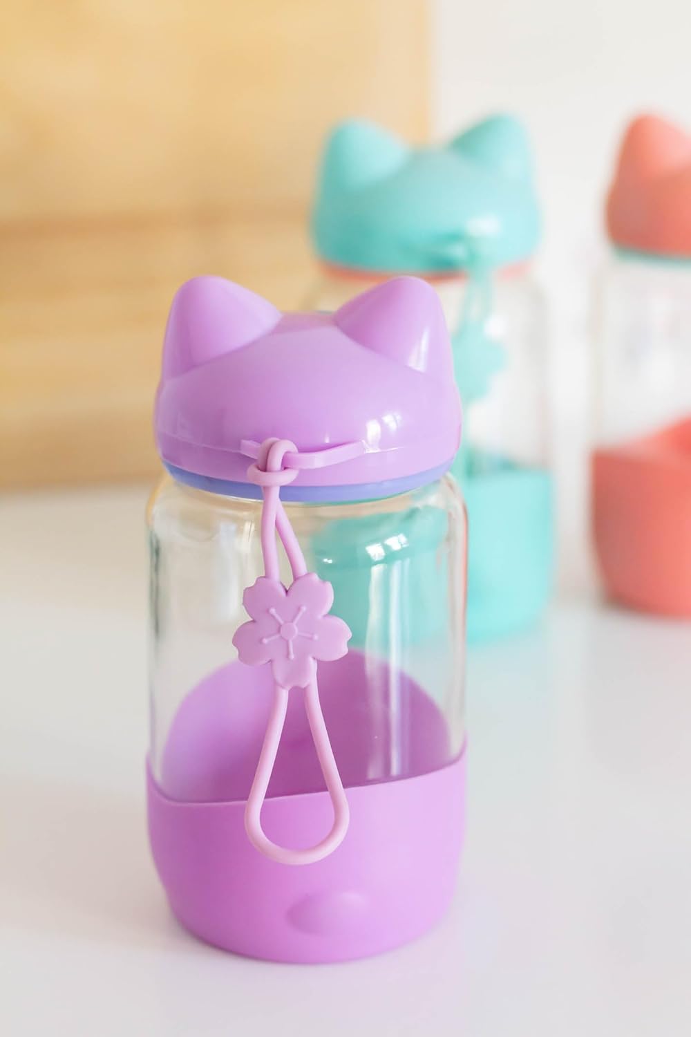 RAYCRAFT WORLD Glass Water Bottle with Cat Ear Lid, Pastel Color, Silicone Protective Sleeve