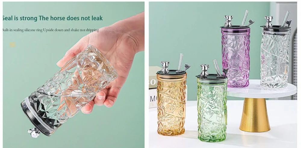 RAYCRAFT WORLD Vintage Glass Tumbler with Straw 500ml Attractive Crystal Pattern with Teddy Reusable Lid
