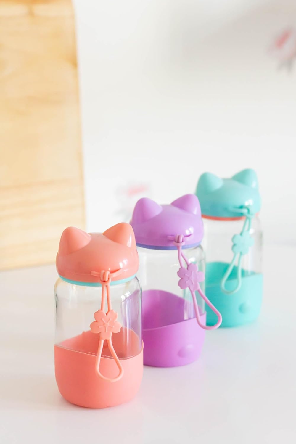 RAYCRAFT WORLD Glass Water Bottle with Cat Ear Lid, Pastel Color, Silicone Protective Sleeve