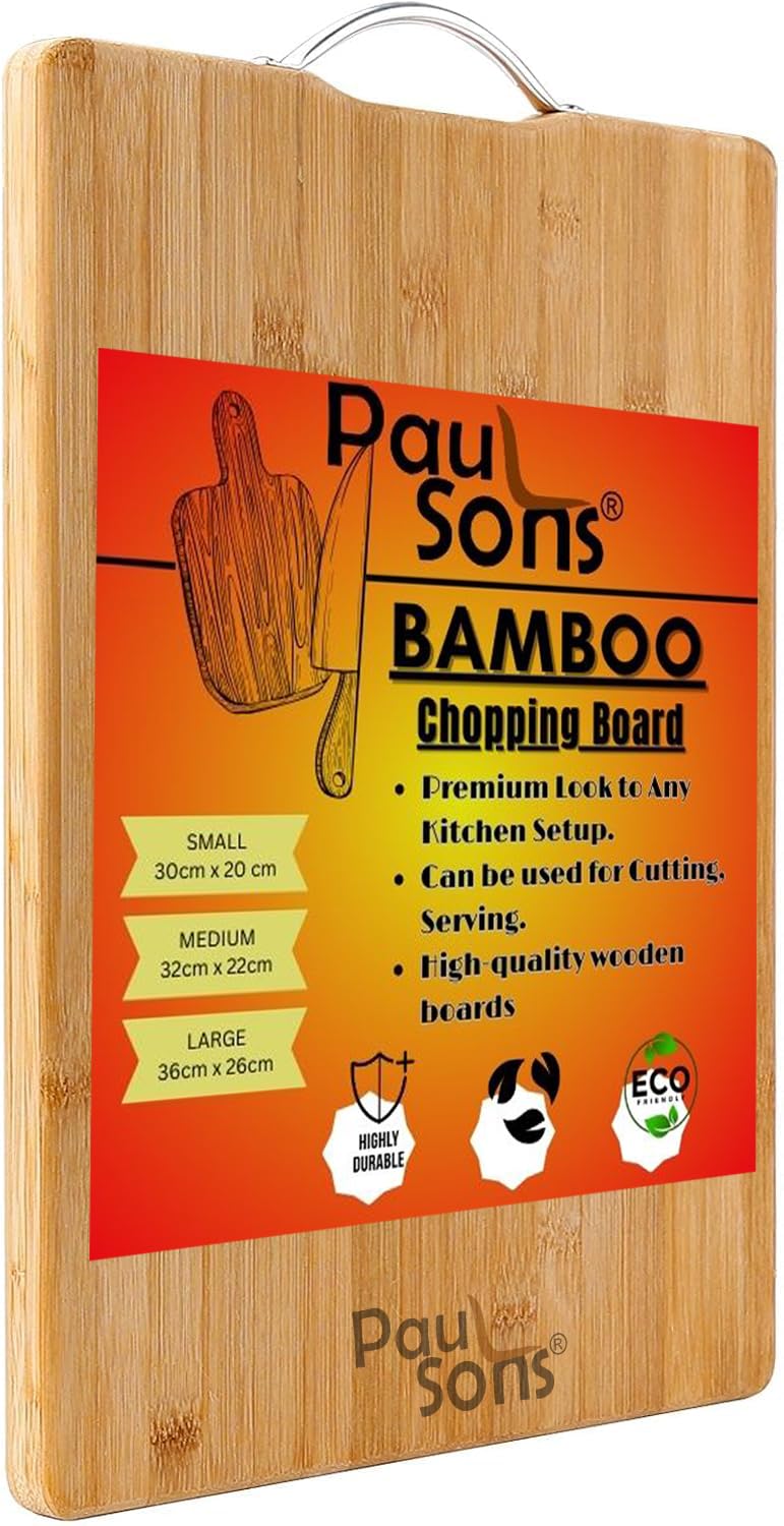 RAYCRAFT WORLD Eco-Friendly Bamboo Cutting Board, Durable Stainless Steel Handle for Convenient Hanging, It's Perfect for Everyday Kitchen (STEELHAND-CHOPPING)